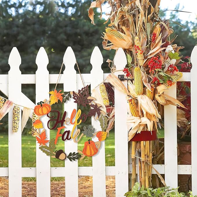 Fall Decoration Hello Fall Wreaths for Front Door, Wooden Welcome Maple Leaf Pumpkin Door Sign Ornament, Wood Farmhouse Wooden Hanging for Autumn Harvest Home Halloween Decoration-Ruum Studio Home