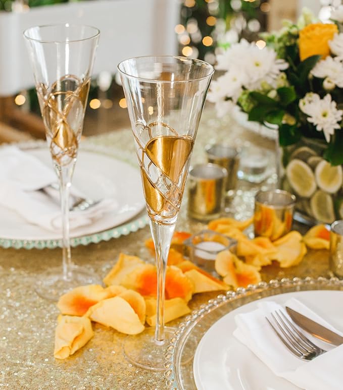 Victoria Barcelona Champagne Flute Set of 2 – 7.5 oz Mouth‑Blown Golden Luster Glass | Hand‑Painted with Real Gold Dust, Gaudí & Murano Inspired | Artistic Premium Gift Ideas for Her or Him-Ruum Studio Home