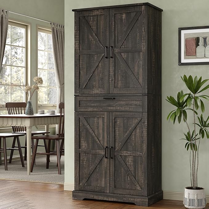 72'' Kitchen Storage Pantry Cabinet, Tall Storage Cabinet with 8 Door Shelves, 2 Cabinets and 1 Drawer, Freestanding Cupboard for Kitchen, Dining Room, Bathroom, Laundry, Living Room, Dark Rustic Oak-Ruum Studio Home
