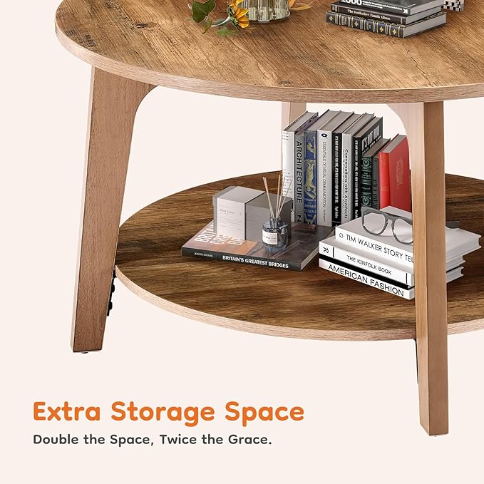 Sweetcrispy Round Coffee Table, 36'' Wood Coffee Tables for Living Room with Storage, 2-Tier Center Circle Counter with Wooded Desktop, 50 lbs Capacity, Anti-Slip Feet, Modern Farmhouse Design, Brown-Ruum Studio Home