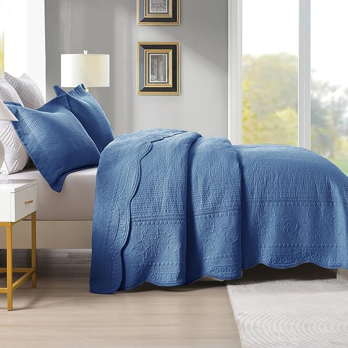 MarCielo 3-Piece 100% Cotton Oversized Bedspread Lightweight Quilt Coverlet Embroidery Farmhouse Bedding Set (TG Midtone Blue, Oversized Queen (100"x106"))-Ruum Studio Home