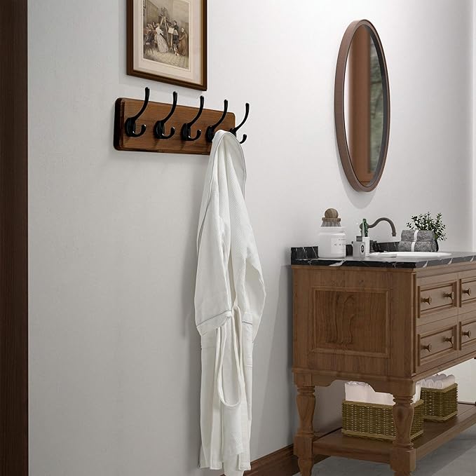 Dseap Wall Mounted Coat Rack: Patented, Heavy-Duty, 17.4" Long 5-Double-Hooks Wooden Hanger Rail for Winter Coats, Hat, Jacket, Clothing - Natural & Black, Pack of 2-Ruum Studio Home