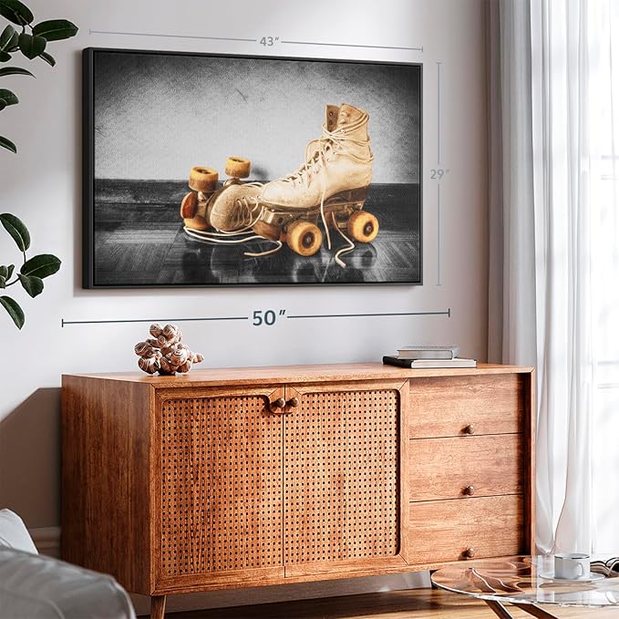 ElephantStock Vintage Skates Pop Wall Art - Horizontal Framed Canvas - 1-Piece Living Room Wall Decor - Sport Photography Canvas Print - Beige and Black Decor for Wall - 43" X 29"-Ruum Studio Home