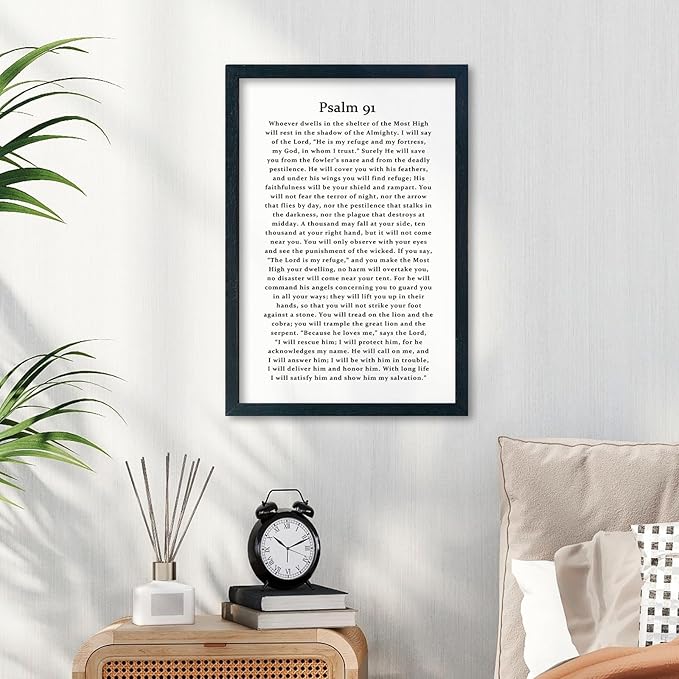 LuZhiQiang Psalm 91 Scripture Wall Art 16"×11" Bible Verse Christian Inspirational Sign Wood Framed Wall Hanging Decor (Black)-Ruum Studio Home