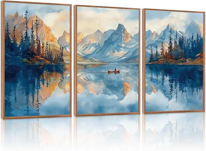 KAIRNE Framed Large Landscape Wall Art,Abstract Forest Prints Paintings,Watercolor Blue Mountain Lake Canvas,Nature Scenery Textured Artwork for Living Room Bedroom Home Office Gallery Decor,16”X24”-Ruum Studio Home