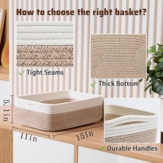 Large Shallow Organizing Baskets 15x11x5.1 Inches - Rope Woven Storage Bins for Bathroom, Shelves, Cube Closet, White Mixed Brown 2 Packs-Ruum Studio Home
