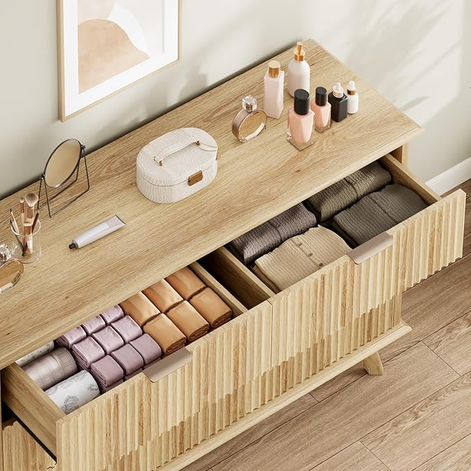 QUW Fluted Dresser for Bedroom with 6 Drawers, 47.2" Wide Modern Chest of Drawers with Metal Handle, Wooden Dresser TV Stand and Closet Clothes Storage Organizer for Living Room, Hallway, Natural Oak-Ruum Studio Home