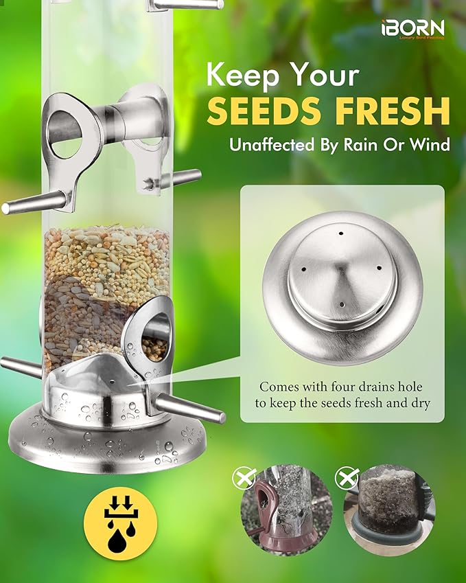 iBorn Metal Bird Feeders 6 Ports Hanging Wild Bird Seed Feeder for Mix Seed Blends, Niger Seed Feeder, Sunflower Heart, Birdbath, Heavy Duty All Metal Nickle Finishing 14 Inch 6Port-Ruum Studio Home