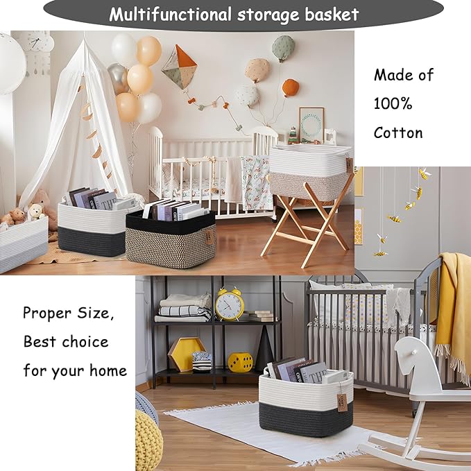 COMFY-HOMI Cotton Rope Woven Basket with Handles for Shelves,Toys,Book, Cloth Storage Baskets Bin for Organizing-13.5"x11"x9.5" Toy Decorative Organizer for Living Room, Bathroom-White/Dark Grey-Ruum Studio Home