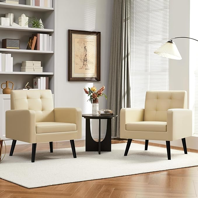 Yaheetech Mid-Century Accent Chairs, PU Leather Modern Upholstered Living Room Chair, Cozy Armchair Button Tufted Back and Wood Legs for Bedroom/Office/Cafe Beige 2PCS-Ruum Studio Home