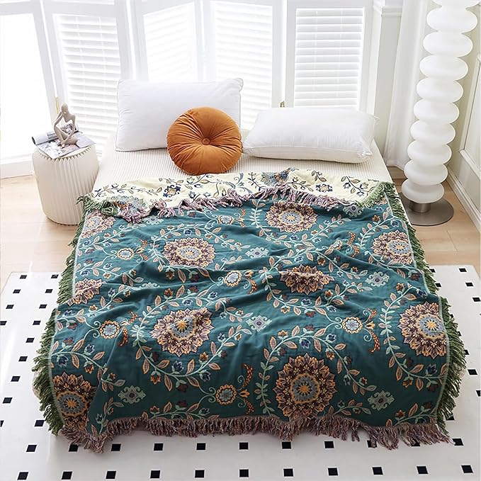 Snycler Boho Throw Blanket for Bed - 100% Cotton Ultra Soft Rustic Quilt - Blue Green Floral Printed Farmhouse Decor Bed Blankets, 80"×90" All Season Rustic Throw for Sofa Couch Chair-Ruum Studio Home