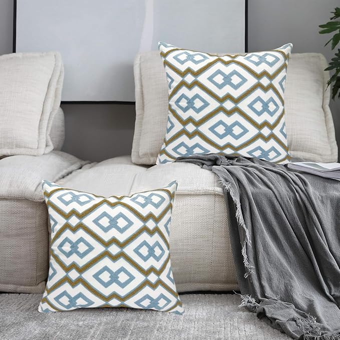 Alysheer Embroidered Decorative Throw Pillow Cover 18"x 18" Set of 2, Classic Boho Geometric Embroidery Pattern Cotton Rectangular Cushion Case for Sofa Couch Living Room Bedroom (Blue Khaki)-Ruum Studio Home