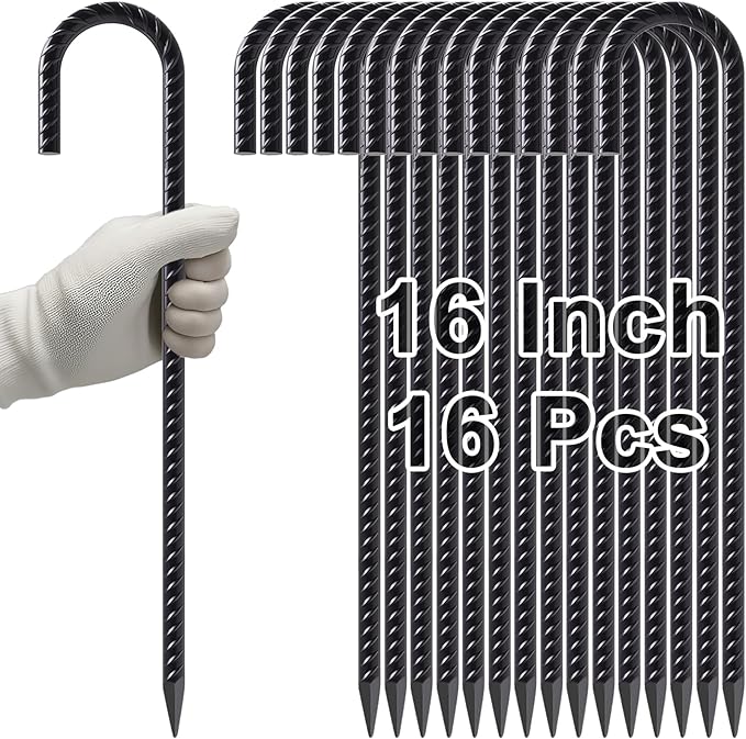 VVOKGO Rebar Stakes 16 Inches J Hook Heavy Duty Chain Link Fence Stakes, 16 Pcs Metal Long Tent Spikes Ground Anchors for Wire Fencing, Dogs Digging, Camping Tents, Swings, Greenhouse, Black-Ruum Studio Home
