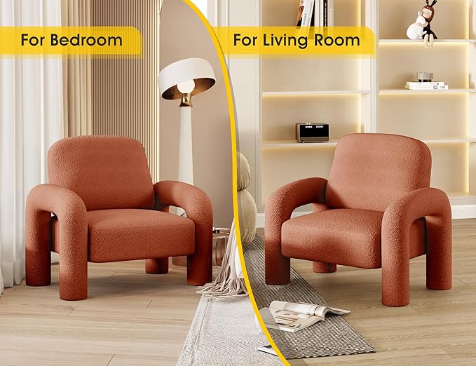 Modern Sherpa Accent Chair, Teddy Upholstered Arm Single Sofa, Cozy Fluffy Reading Chair for Living Room, Bedrooms, Corner (Orange)-Ruum Studio Home
