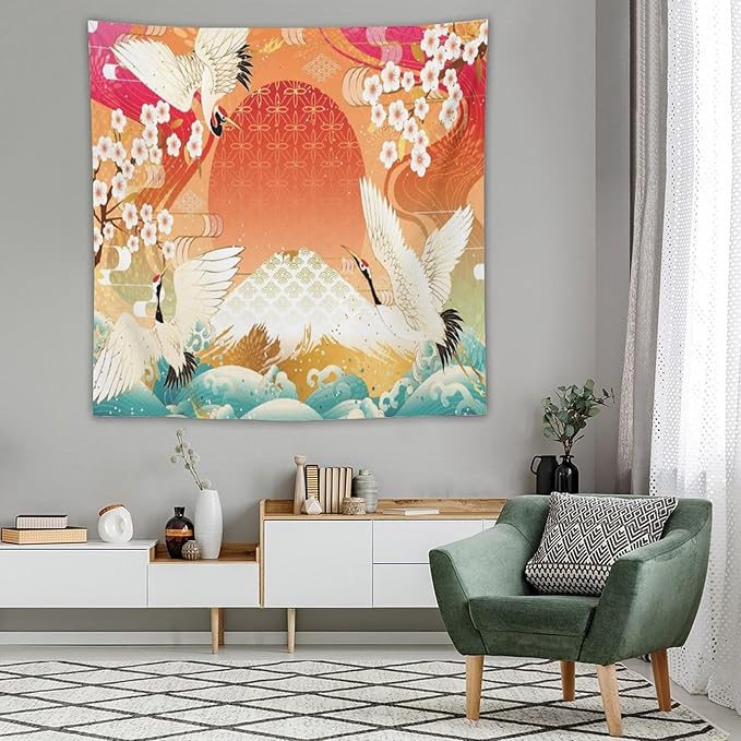 HZOHNAGO Japanese Tapestry Cherry Blossom Crane Sea Wave Fuji Mountain Red Sun Pattern Printed Wall Tapestry Painting Wall Hanging for Bedroom Living Room Dorm 60" W x 60" H-Ruum Studio Home