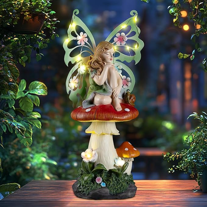 Solar Fairy Garden Decor Flower Fairies Mushroom Figurines with Snail Decor Gifts for Women Mom Miniature Fairy Figurine for Lawn Garden Patio Yard Decorations Outdoor Statue-Ruum Studio Home