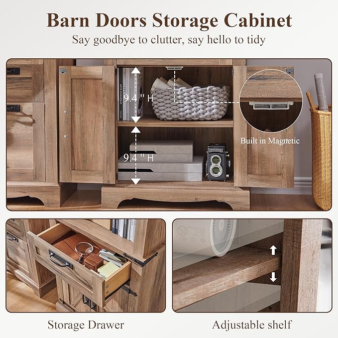 RedLemon Bookshelf with Storage Cabinet, 72" Tall Farmhouse Bookcase with Adjustable Shelves and Barn Door, 4 Tier Office Wood Bookshelf with Retro Metal Handles for Office, Library (Natural Oak)-Ruum Studio Home