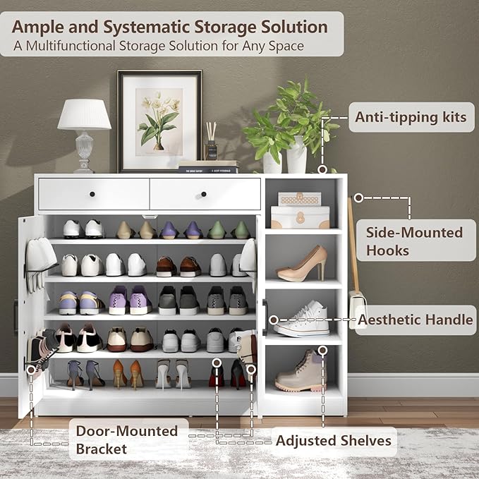 Loomie 5-Tier Shoe Cabinet with 4 Side Cubbies, Farmhouse Shoe Rack Cabinet with 6 Adjustable Shelves & 2 Drawers, Freestanding Shoe Storage Cabinet with 4 Brackets & 2 Hooks for Entryway (White)-Ruum Studio Home