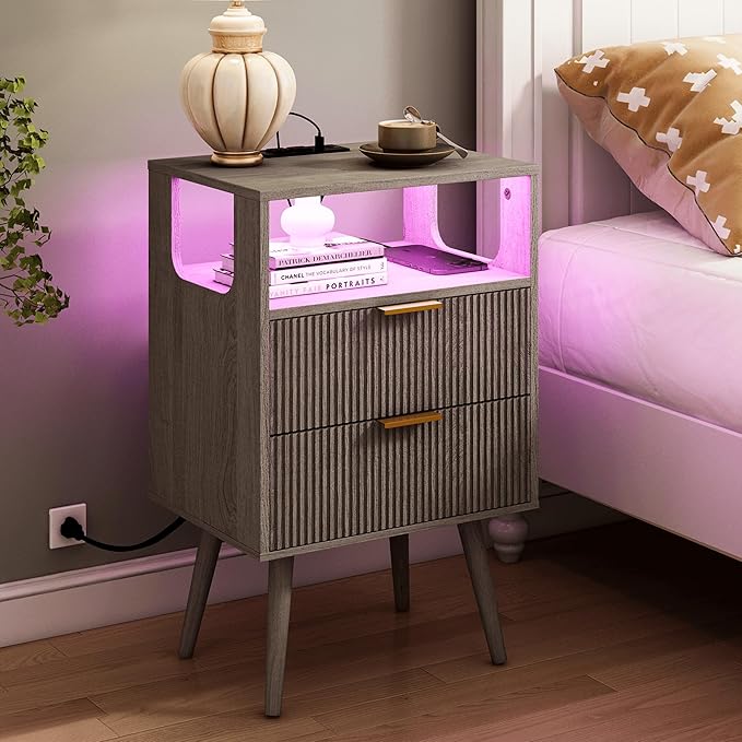 Nightstand with Charging Station and LED Lights,Modern Bedside Table with 2 Storage Drawer and Open Wood Shelf, for Bedroom and Small Spaces,Night Stand with Solid Wood Legs,GreyOak-Ruum Studio Home