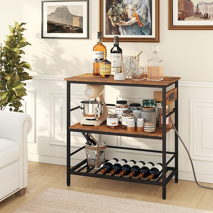 IBUYKE Kitchen Island with Storage, Bakers Rack with Power Outlet,Microwave Stand with Large Worktop,Rolling Bar Cart for Home, Outdoor, Kitchen,Rustic Brown and Black TMJ029H-Ruum Studio Home