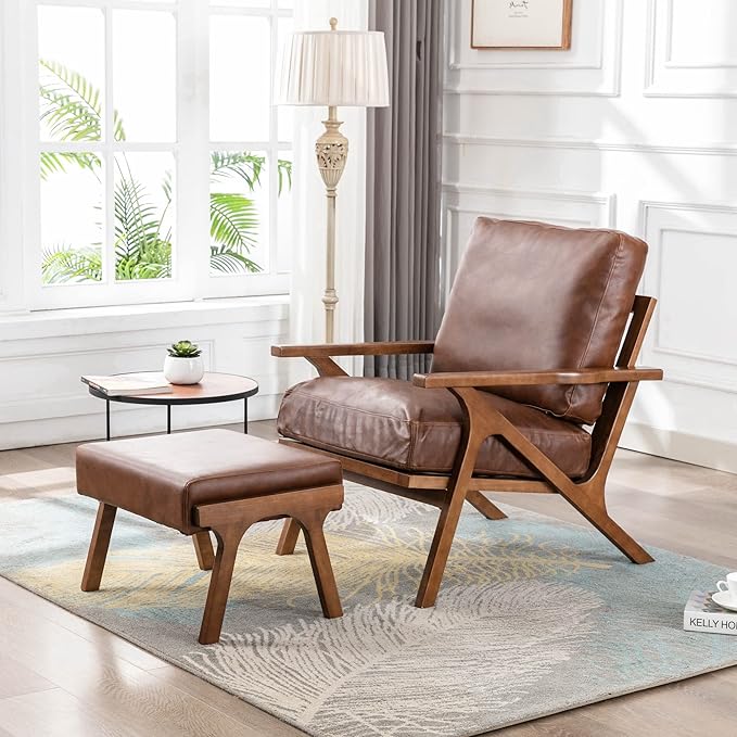 Wahson Brown Leather Mid-Century Modern Accent Chair and Ottoman Set, Retro Upholstered Armchair with Wood Frame and Removable PU Cushions, Large Leisure Slipper Chair for Living Room/Bedroom-Ruum Studio Home