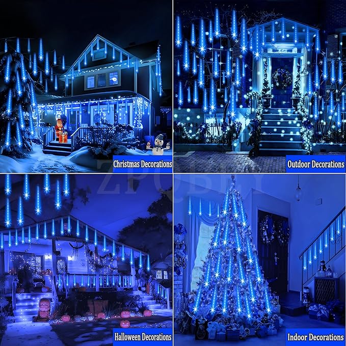 Christmas Lights Outdoor Meteor Shower Lights 24-Tube 576LEDs Snow Falling Rain Cascading Icicle Light for Xmas Tree Christmas Decorations Wedding Party Holiday Garden Decor, UL Plug Blue-Ruum Studio Home