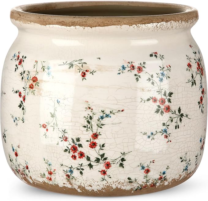 Vintage Planter Large Ceramic Plants Pot Beige Red Rustic Floral Ice Crack Cottage Scroll Vase Flower Vase Pot Indoor Plants Home Kitchen Decor Farmhouse Antique Decorative Gifts-Ruum Studio Home