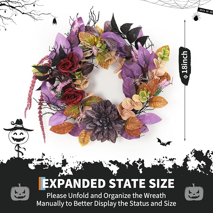 GarveeHome 18 Inch Halloween Wreath, Halloween Garland with Artificial Roses & Spiders, Indoor Outdoor Holiday Accent Decoration for Front Door Porch Wall Home Party Window, Red & Purple-Ruum Studio Home