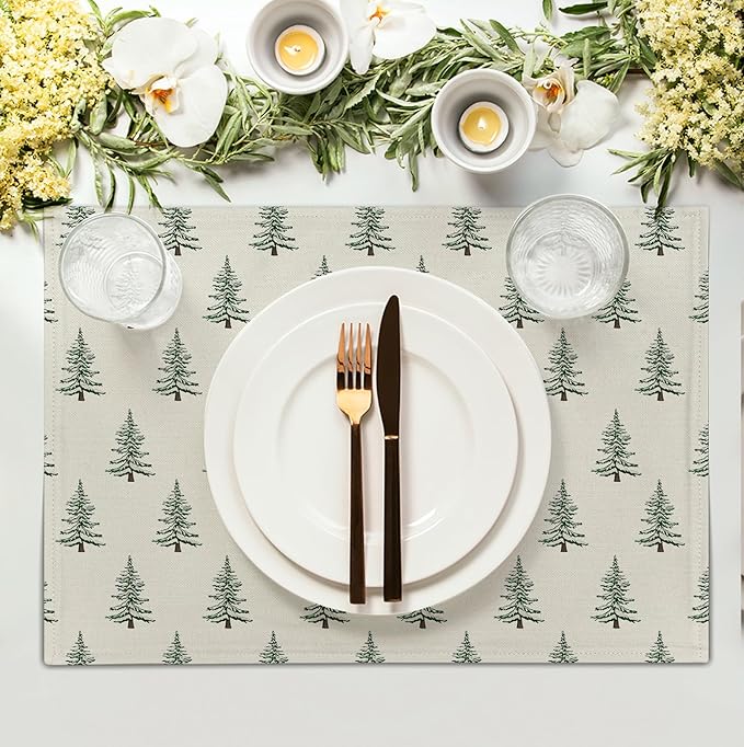 Pine Trees Christmas Placemats Set of 4 Xmas Tree Vintage Rustic Print Place Mats Winter Holiday Green White Farmhouse Linen Table Mats for Indoor Outdoor Kitchen Dining Party Decor-Ruum Studio Home