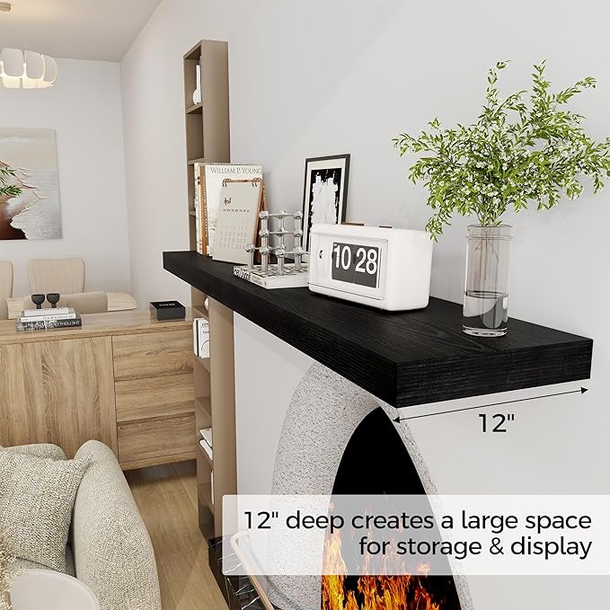 Black Floating Shelves 55 Inch Long, 12 Inch Deep Floating Shelves for Wall, 55 x 9 Large Floating Shelf for Fireplace Mantel, 2" Thicked Wall Shelves for Living Room, Bedroom Storage, 1 Pack-Ruum Studio Home