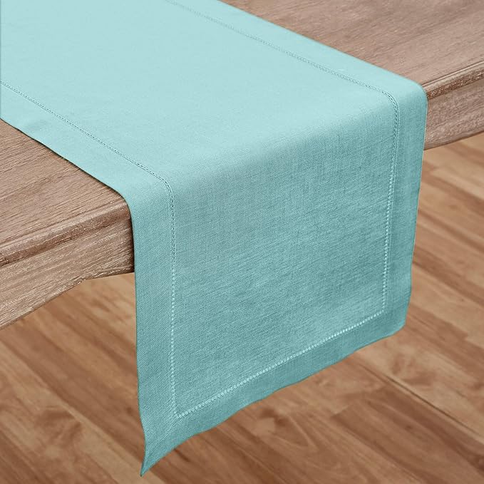 Solino Home Linen Aqua Blue Table Runner 48 Inches - Classic Hemstitch, 100% Pure Linen Coffee Table Runner 14 x 48 Inch Ideal for Dresser Tables-Ruum Studio Home
