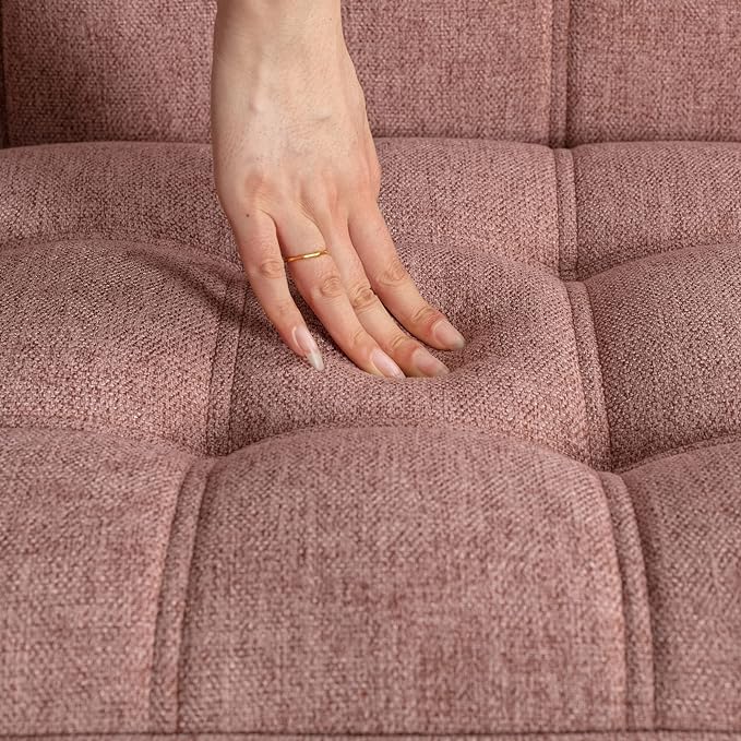 48" Small Loveseat Sofa, Modern Linen Fabric Mini Sofa Couch 2-Seater Love Seat with Quilting Backs and Wood Legs for Living Room, Bedroom and Small Space, Pink-Ruum Studio Home