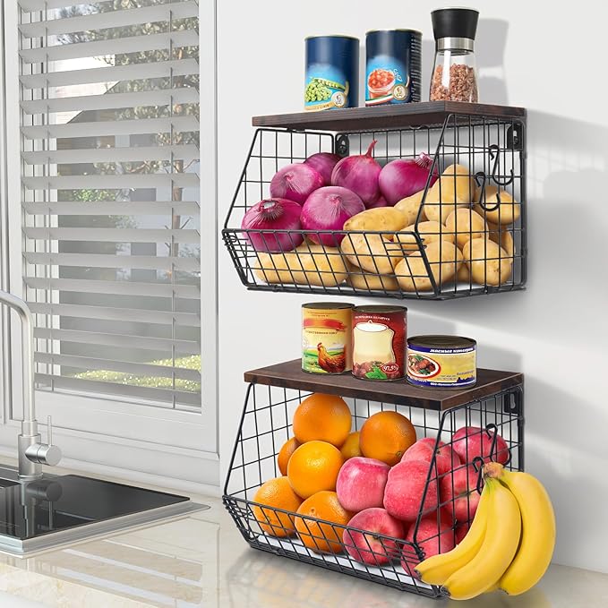 2pcs Fruit Basket Kitchen Storage Basket with Wood Lid, Stackable Wall Basket Fruit Basket for Kitchen, Countertop Organizer for Snack, Fruit and Veggie Storage, 11.8 x 7.9 x 8.5 Inch-Ruum Studio Home