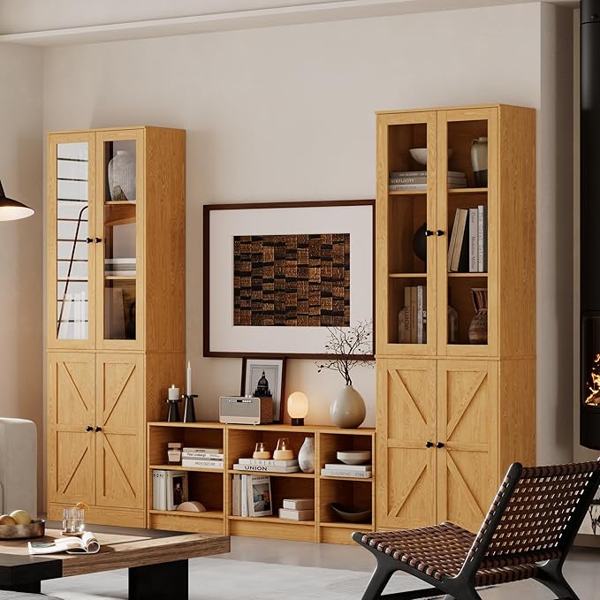 Bookcase with Doors, Tall Cabinets Storage Shelves, 5 Tier Bookshelf with Storage Cabinet, Light Wood Rustic Display Shelf Home Decor Furniture for Office, Living Room, Bedroom, Kitchen, Dining Room-Ruum Studio Home