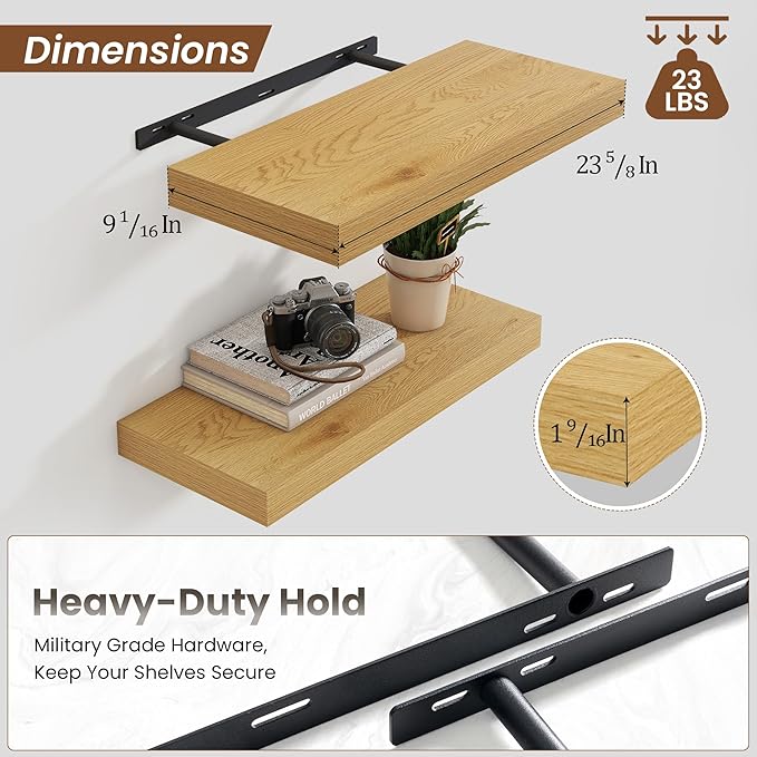 Heimlove 24 inch Floating Shelves for Wall,9.3 inch deep Bathroom Over Toilet Shelf,Wall Mounted Rustic Wood Shelves for,Bedroom,Living Room,Kitchen,Office Decor Set of 2-Oak Color-Ruum Studio Home