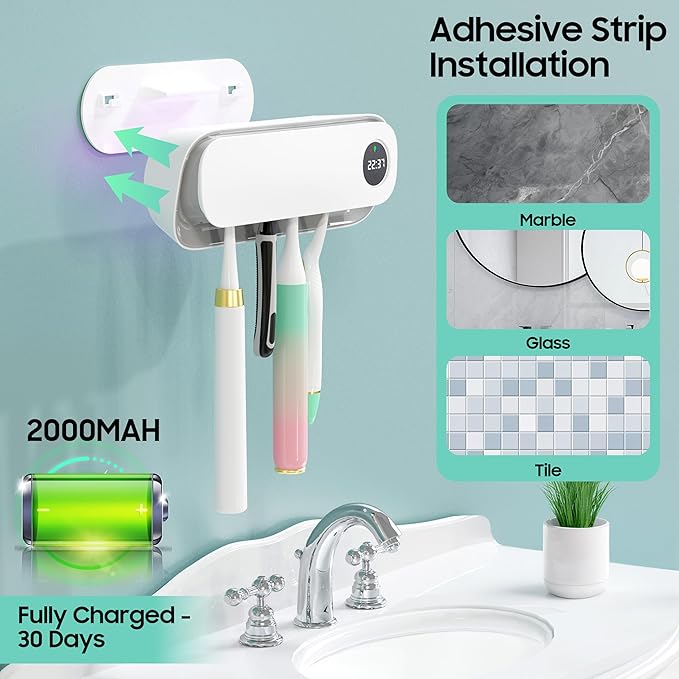 BlueBark UV Toothbrush Holders for Bathrooms, Air DryingHolder Smart Home Bathroom Accessories, Timer Function & 5 Toothbrush Slots, Toothbrush Holder Wall Mounted with Replaceable Slot-Ruum Studio Home