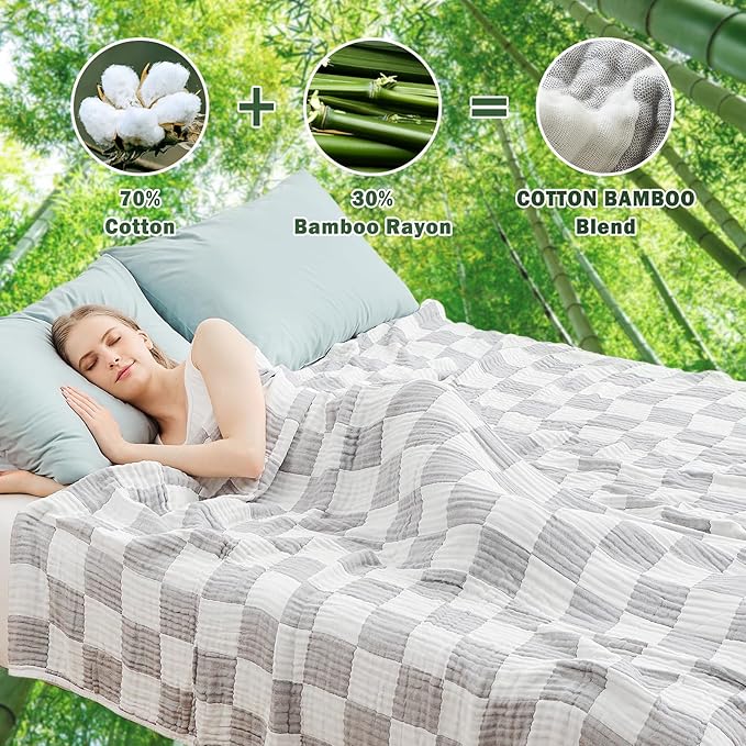 EMME Checkered Throw Blanket Cotton for Couch Soft Muslin Blankets 50"x60" Lightweight Breathable Cooling Soft All Season Gauze, Light Grey-Ruum Studio Home