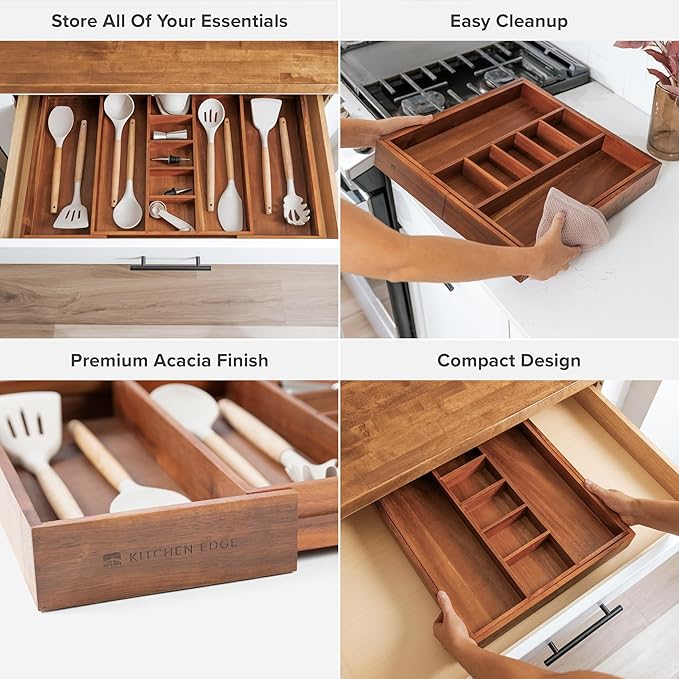 Adjustable Kitchen Drawer Organizer for Utensils and Junk, Food-Safe Contract Grade with 100% Sustainable Wood, Non-Slip, Expandable from 16" to 28" Wide - Natural Acacia-Ruum Studio Home