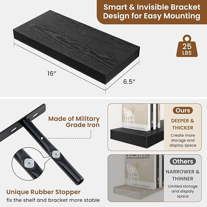 fuqing Floating Shelves for Wall, Bathroom Shelf Wall Mounted for Storage, Shelves with Invisible Bracket for Bedroom, Kitchen, Living Room, Farmhouse Small Book Shelf, 16 Inch Set of 2, Black-Ruum Studio Home