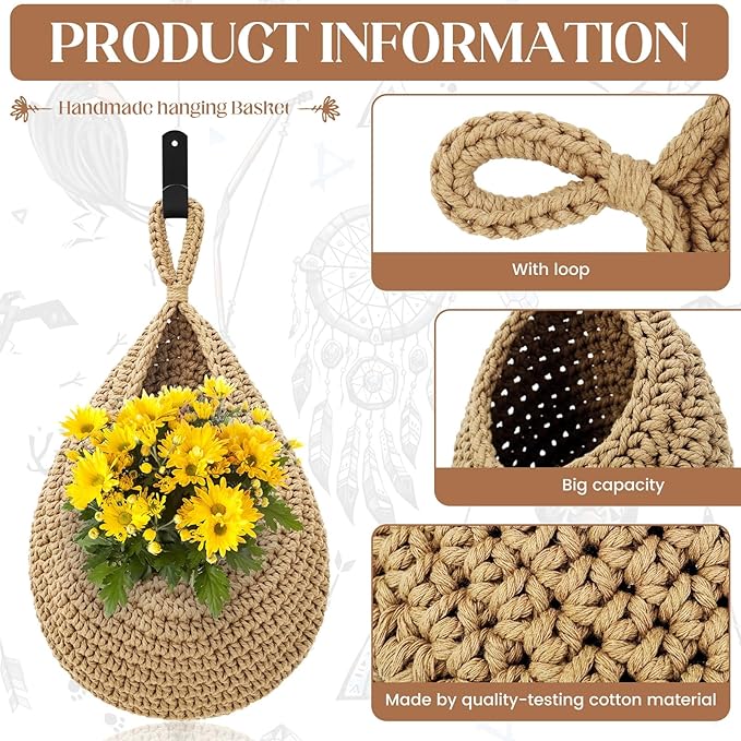 Wall Hanging Baskets for Organizing - 3 Pack Hanging Fruit Basket with 6 Pcs Strong Hooks, Handwoven Onion Storage Teardrop Home Onion Basket for Fruits Vegetable Potato Kitchen Storage(Light Linen)-Ruum Studio Home