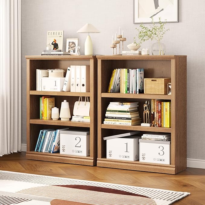 43 in Tall Bookcase, 3-Tier Bookshelf Open Storage, 33 inch Wide Floor Standing Indoor Furniture, Book Cases for Home School Library Office Bedroom Kids, Oak 3 Tiers-Ruum Studio Home