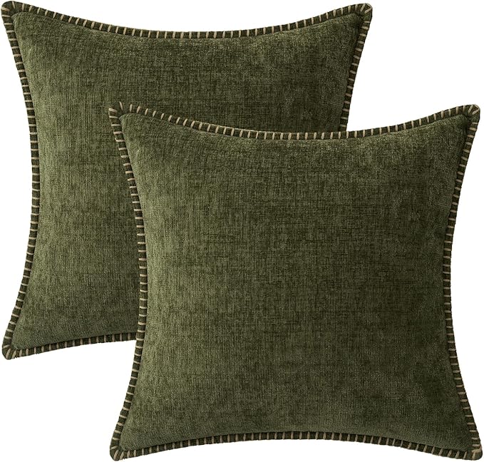 MIULEE Pack of 2 Couch Throw Pillow Covers 24x24 Inch Olive Green Farmhouse Decorative Pillow Covers with Stitched Edge Soft Chenille Solid Dyed Spring Pillow Covers for Sofa Bed Living Room-Ruum Studio Home