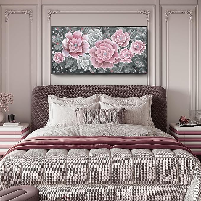 Oversized Framed Wall Art, Pink Flower Canvas Print Modern Pink & Grey Peony Blossom Artwork Extra Large Wall Picture Floral Decor for Living Room Bedroom Dining Room Office Home Decor-Ruum Studio Home