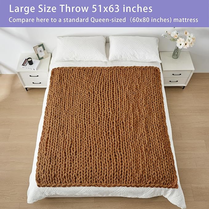 Bigacogo Chunky Knit Throw Blanket for Couch, 51x63 inches, 100% Hand Knitted with Thick Jumbo Chenille Yarn, Cozy Soft Large Rope Knot Cable Crochet Blankets for Sofa Bed Living Room, Caramel-Ruum Studio Home