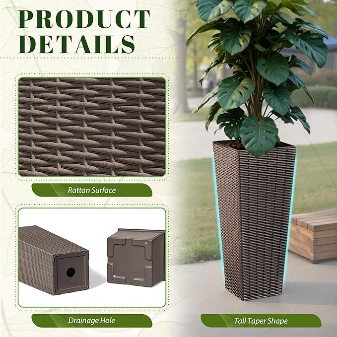 JUMMICO Set of 2 Resin Rattan Tall Planters for Outdoor Plants, Large Tapered Planters with Drainage Holes&Inner Trays, Flower Pots for Garden, Patio, Porch, Backyard (Brown, 24'')-Ruum Studio Home