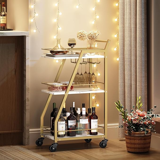 Bar Cart, Gold Bar Cart for The Home, Small Bar Cart on Wheels, Beverage Cart, Home Bar Serving Cart with Glass Holder, Drink Cart for Bar, Kitchen, Dining, Marble White and Gold BC03DW-Ruum Studio Home