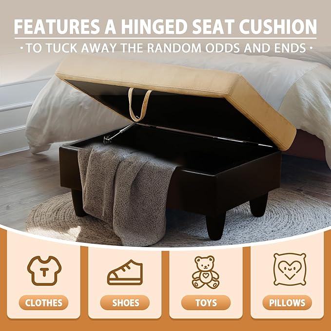 Ottoman Rectangular Storage Ottoman Bench, Flannel Footrest Stool Footstool with Lid for Living Room, Bedroom, Entryway, Champagne&Black, 35"x23.5"x17.5"-Ruum Studio Home