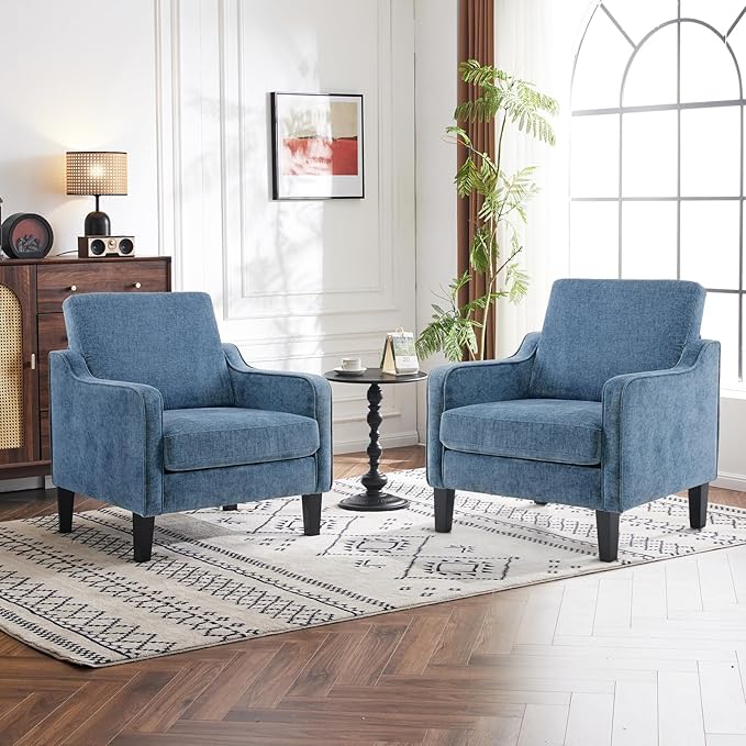 VINGLI Mid Century Modern Accent Chair Set of 2,Navy Blue Chenille Chairs for Living Room Upholstered Armchair with Scooped Arms for Bedroom,Apartment,Studio,Office,Waiting Room-Ruum Studio Home