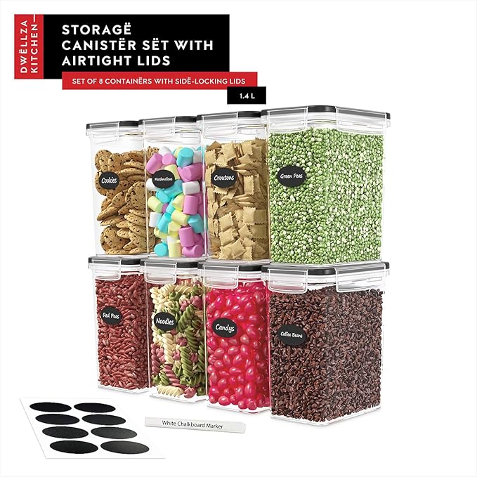 DWËLLZA KITCHEN Airtight Food Storage Container Set - 8 Pieces 1.4L - Plastic BPA Free Kitchen Pantry Storage Containers - Dishwasher Safe - Include 8 Labels - Keeps Food Fresh & Dry-Ruum Studio Home