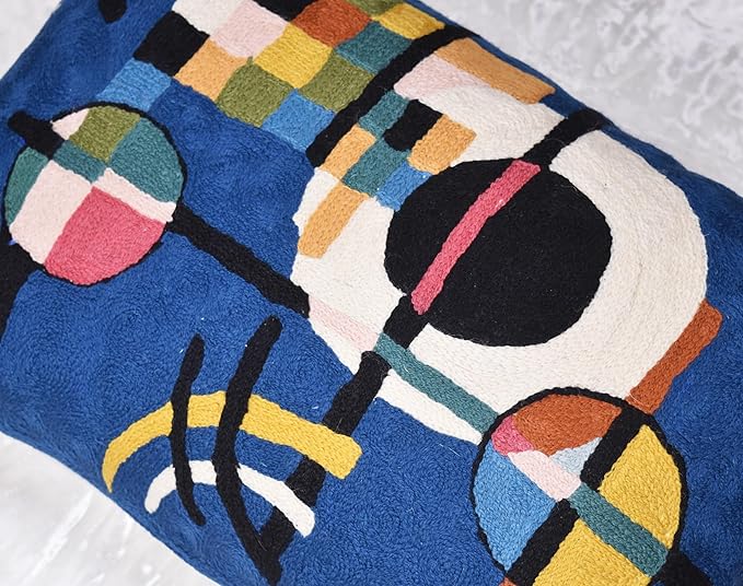 Lumbar Kandinsky Blue Modern Pillow Cover - Counterweights Mid-Century Chair Cushions Blues Abstract Pillowcase Contemporary Sofa Pillowsham Handembroidered Wool Size 14x20-Ruum Studio Home